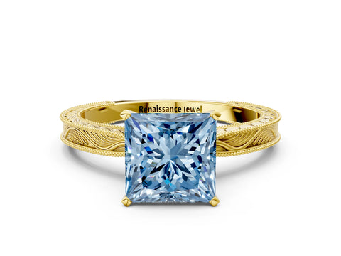 Yellow gold Fancy Blue Princess Cut Solitaire Milgrain Engraved Band with Four-Prong Setting
