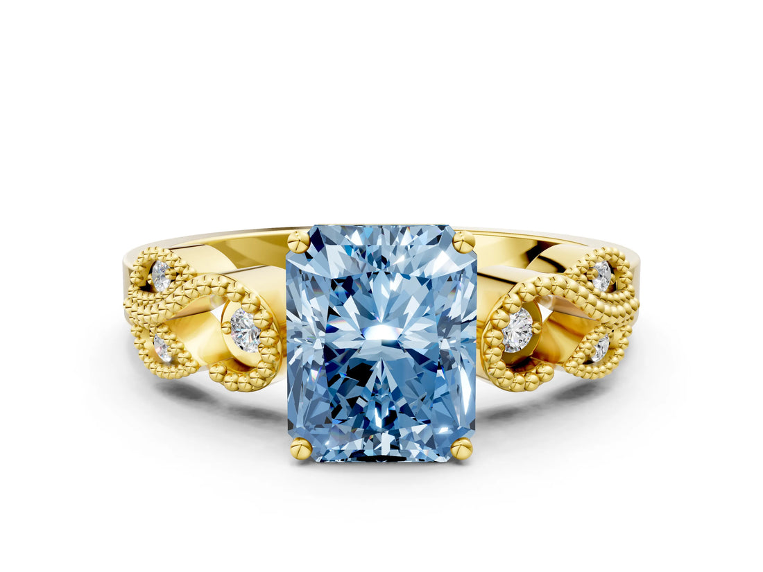 Yellow gold Fancy Blue Princess Cut Solitaire Milgrain Leaf Band with Prong Setting