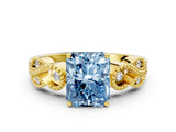 Yellow gold Fancy Blue Princess Cut Solitaire Milgrain Leaf Band with Prong Setting