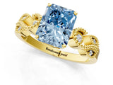 Yellow gold Fancy Blue Princess Cut Solitaire Milgrain Leaf Band with Prong Setting_1