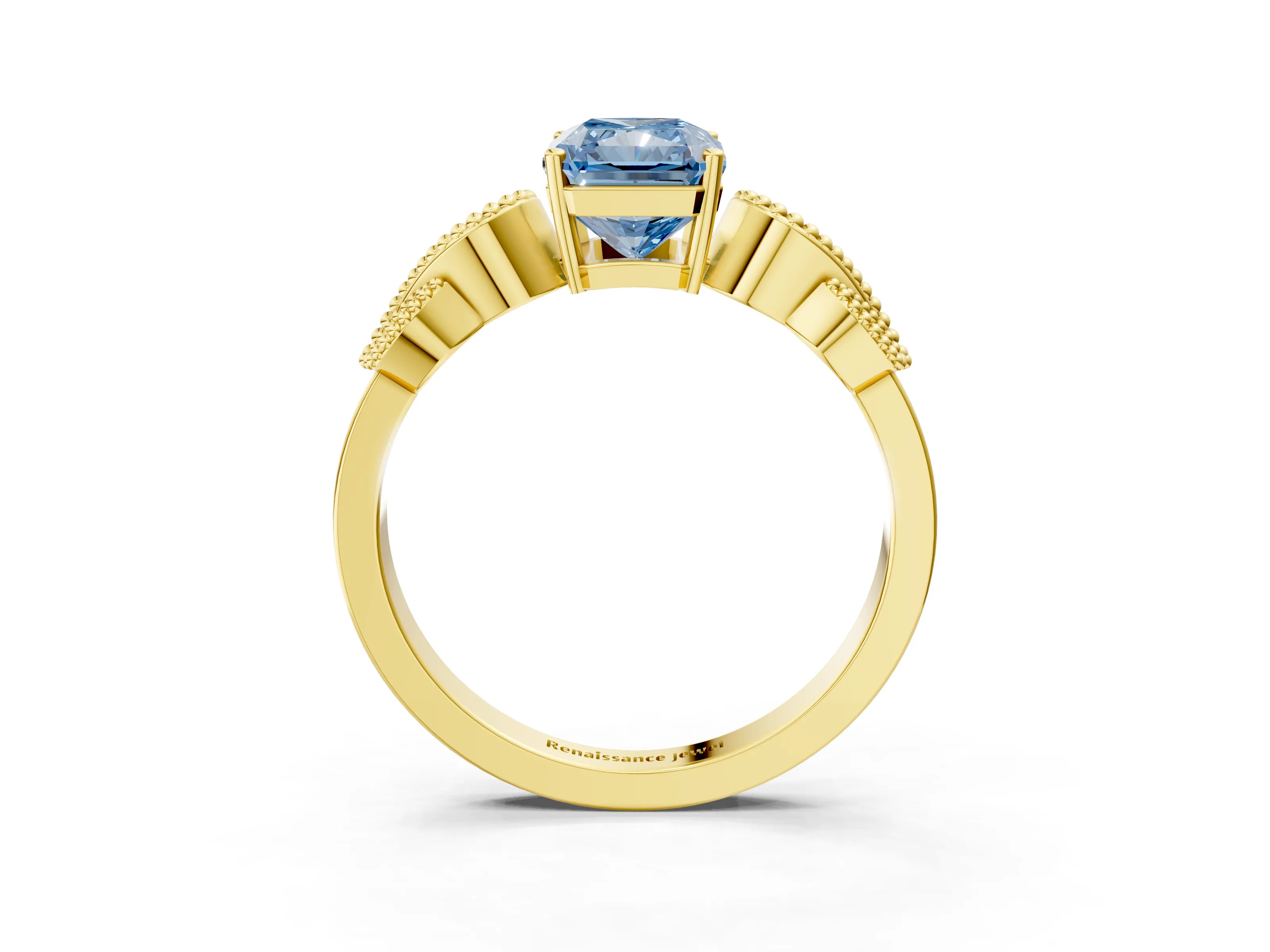 Yellow gold Fancy Blue Princess Cut Solitaire Milgrain Leaf Band with Prong Setting_3