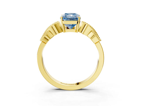 Yellow gold Fancy Blue Princess Cut Solitaire Milgrain Leaf Band with Prong Setting_3