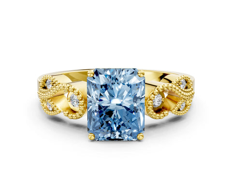 Yellow gold Fancy Blue Princess Cut Solitaire Milgrain Leaf Band with Prong Setting