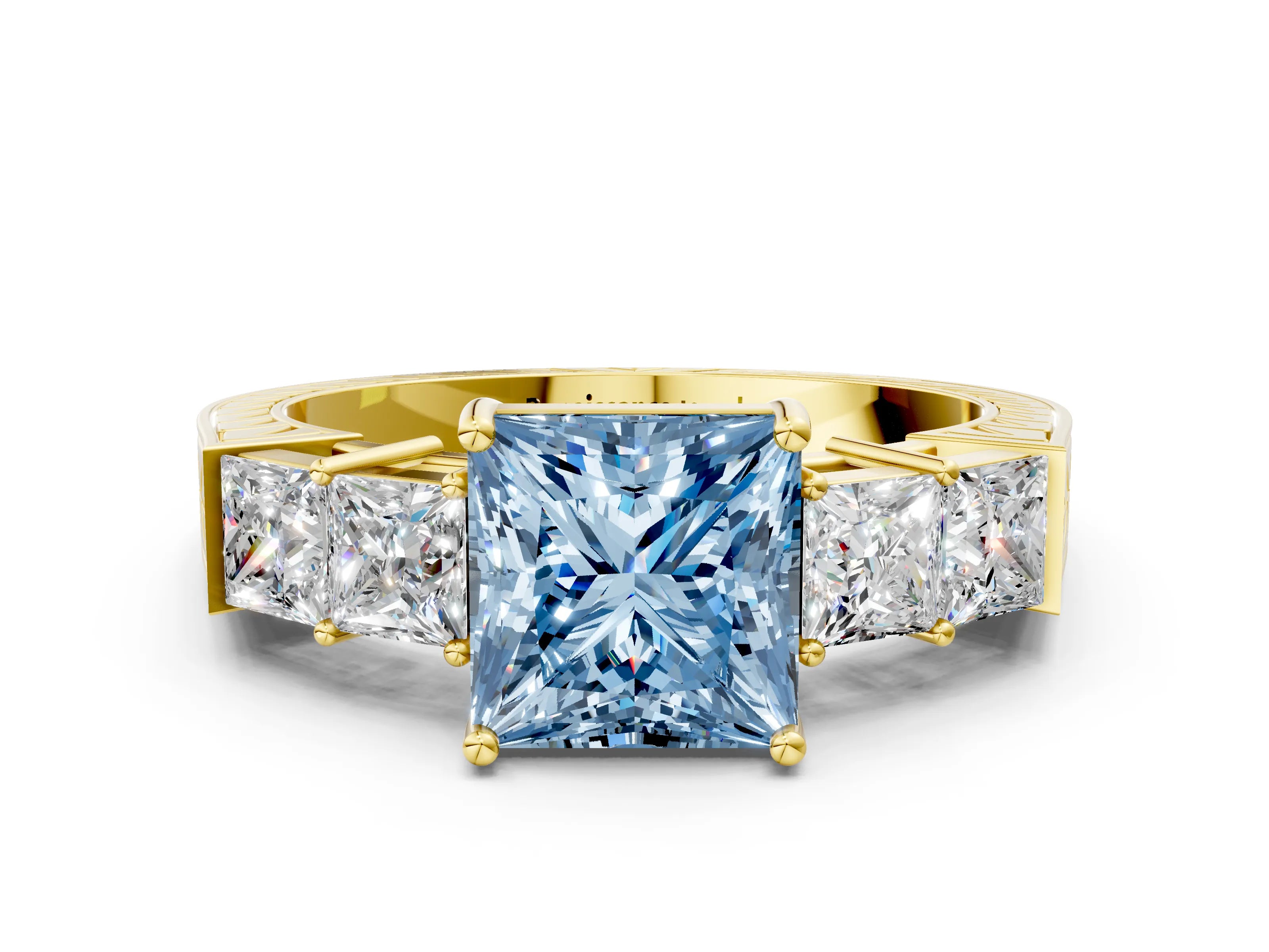 Yellow gold Fancy Blue Princess Cut Solitaire Princess Side Stone Engraved Band Prong Setting Ring