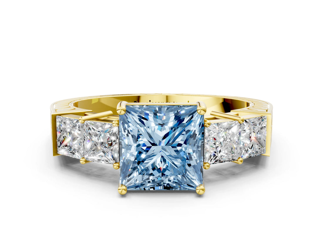Yellow gold Fancy Blue Princess Cut Solitaire Princess Side Stone Engraved Band Prong Setting Ring