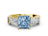 Yellow gold Fancy Blue Princess Cut Solitaire Princess Side Stone Engraved Band Prong Setting Ring