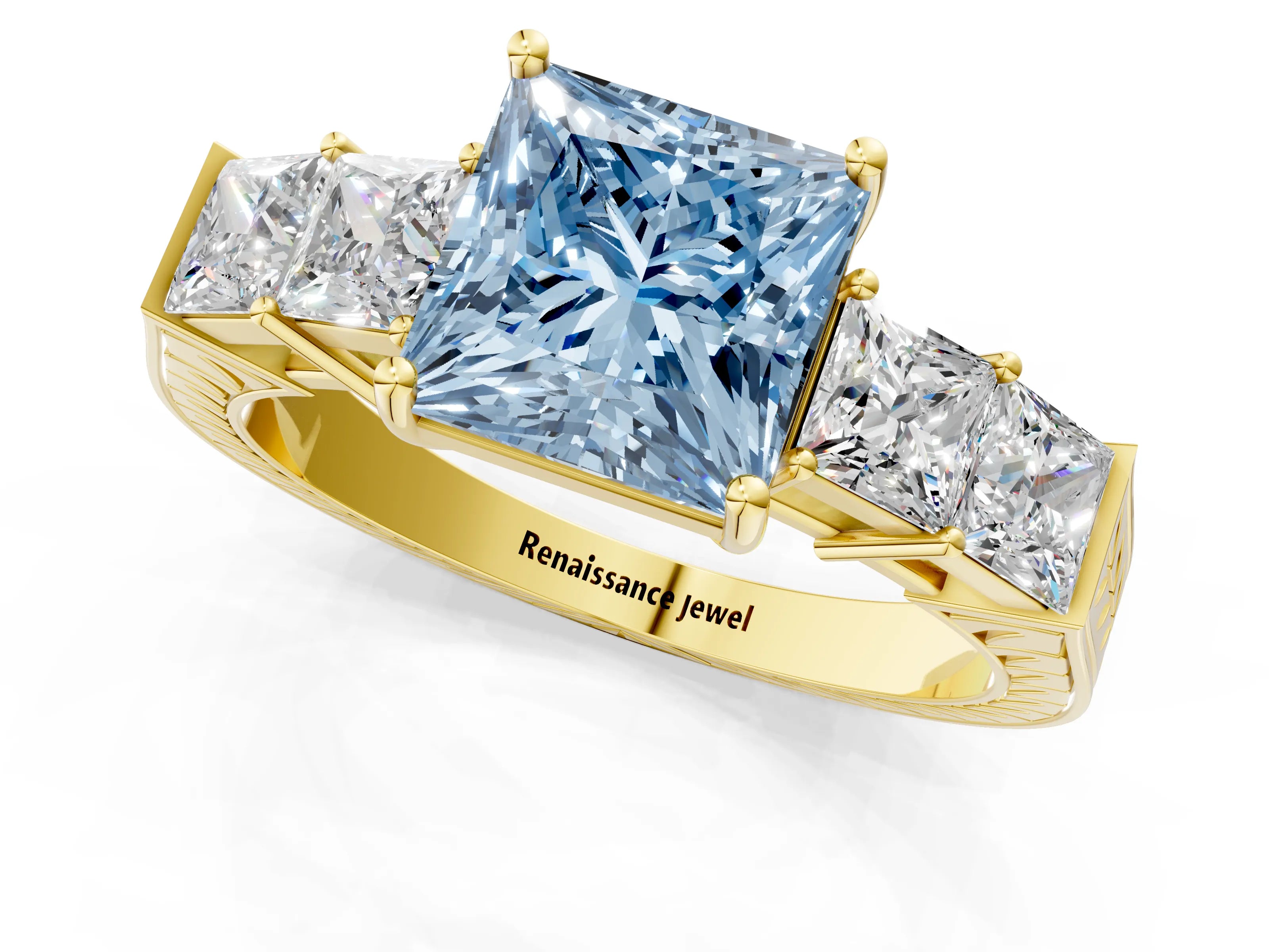 Yellow gold Fancy Blue Princess Cut Solitaire Princess Side Stone Engraved Band Prong Setting Ring_1