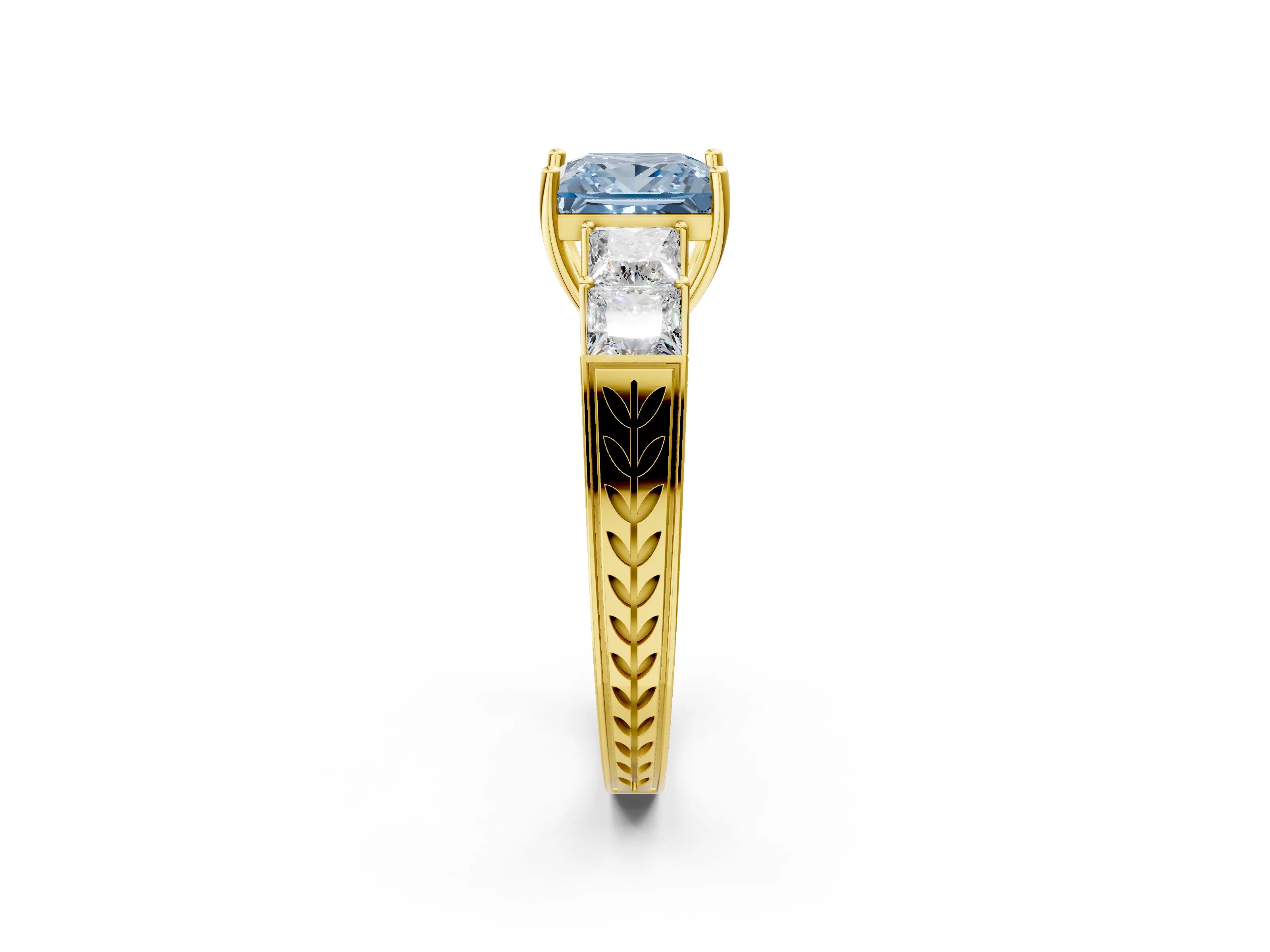 Yellow gold Fancy Blue Princess Cut Solitaire Princess Side Stone Engraved Band Prong Setting Ring_2