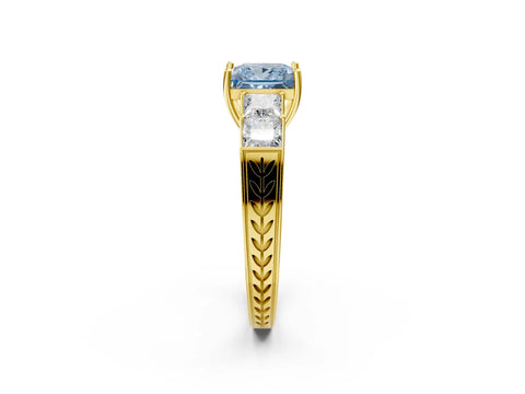 Yellow gold Fancy Blue Princess Cut Solitaire Princess Side Stone Engraved Band Prong Setting Ring_2