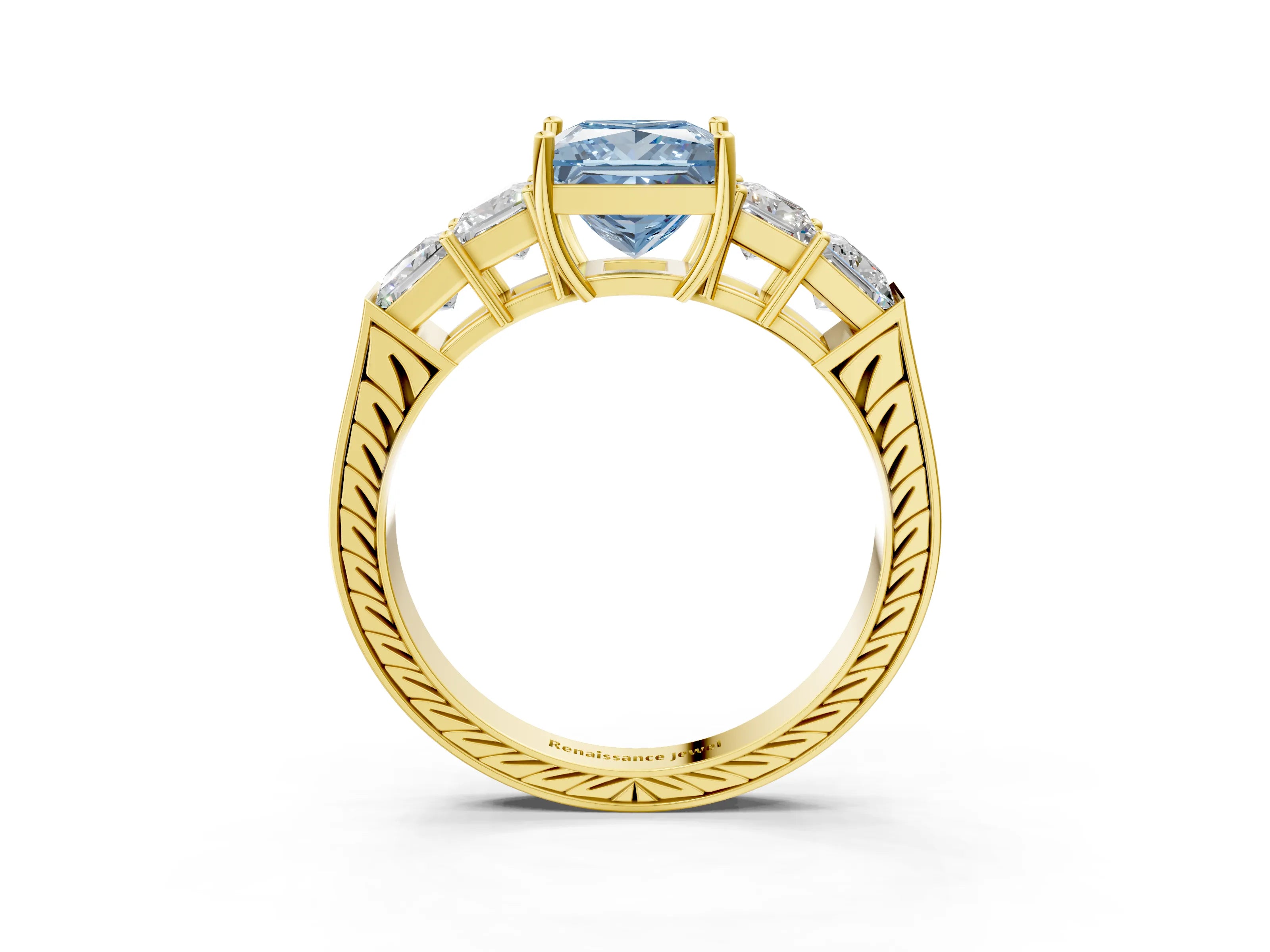 Yellow gold Fancy Blue Princess Cut Solitaire Princess Side Stone Engraved Band Prong Setting Ring_3