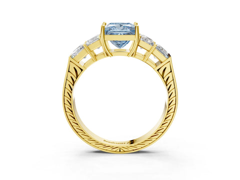 Yellow gold Fancy Blue Princess Cut Solitaire Princess Side Stone Engraved Band Prong Setting Ring_3