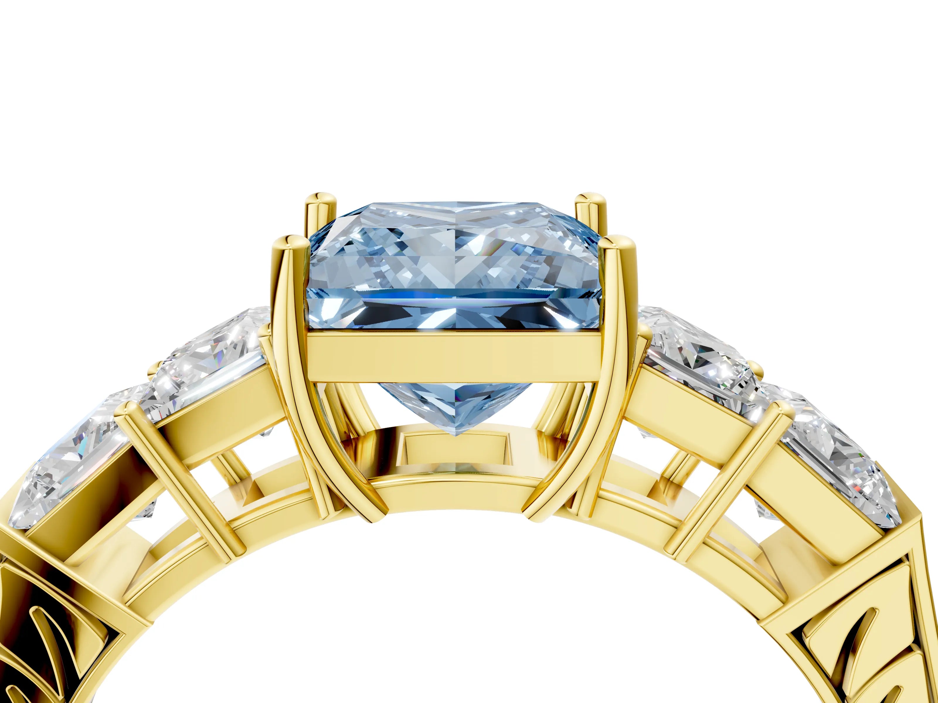 Yellow gold Fancy Blue Princess Cut Solitaire Princess Side Stone Engraved Band Prong Setting Ring_4