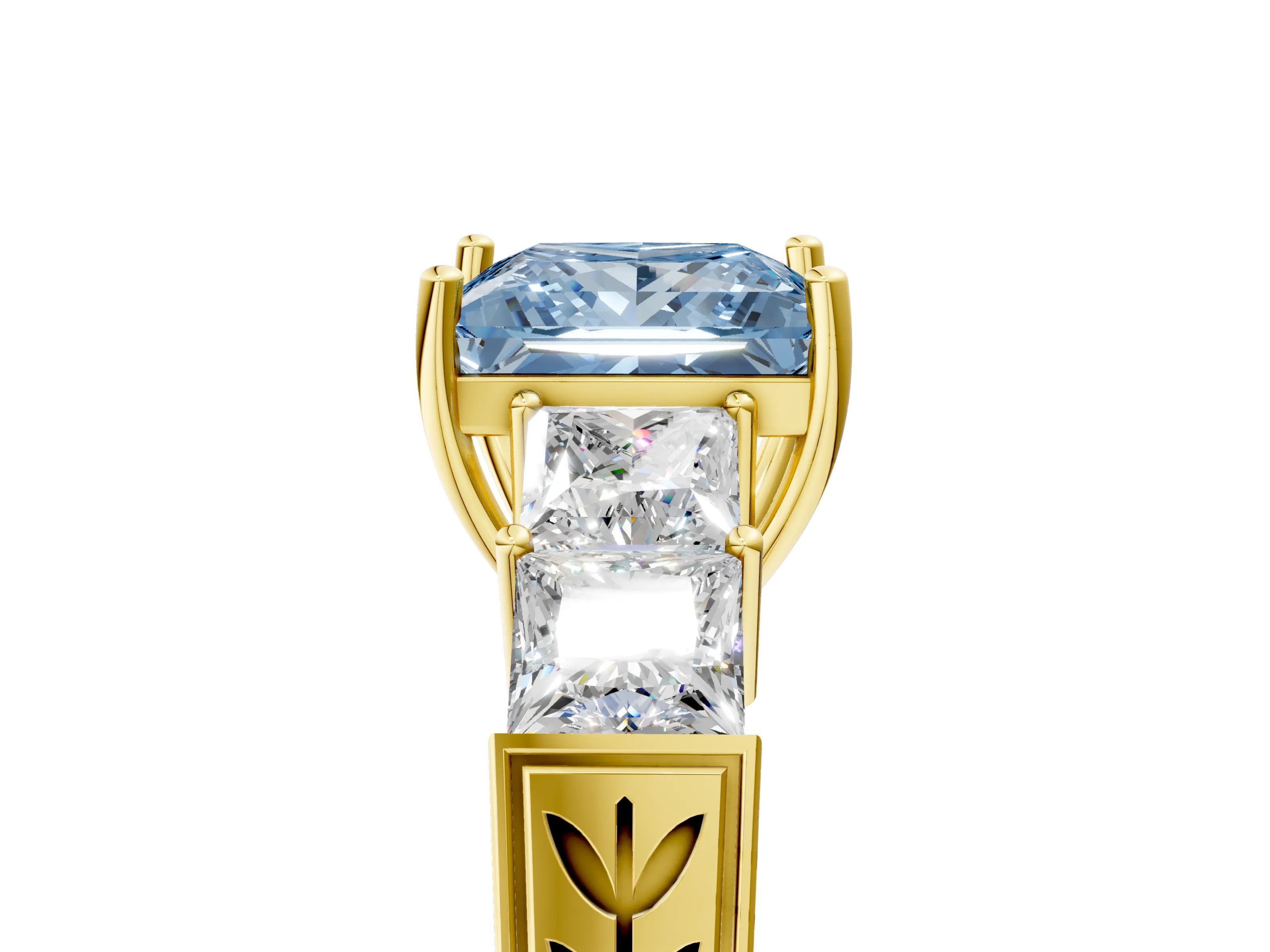 Yellow gold Fancy Blue Princess Cut Solitaire Princess Side Stone Engraved Band Prong Setting Ring_5