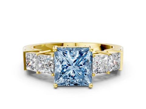 Yellow gold Fancy Blue Princess Cut Solitaire Princess Side Stone Engraved Band Prong Setting Ring