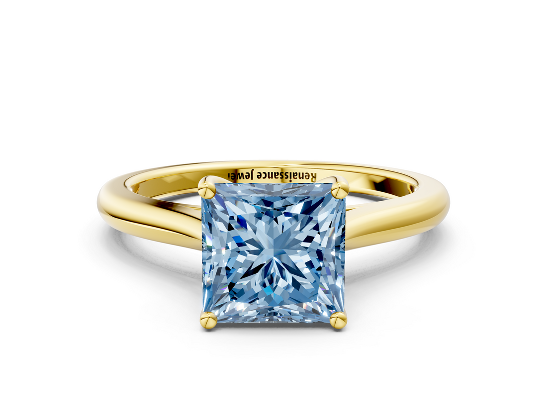 Yellow gold Fancy Blue Princess  Cut Solitaire Ring with Cathedral Band and Four-Prong Setting_38