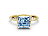 Yellow gold Fancy Blue Princess Cut Solitaire Split Shank Pave Diamond Engagement Ring with Four-Prong Setting
