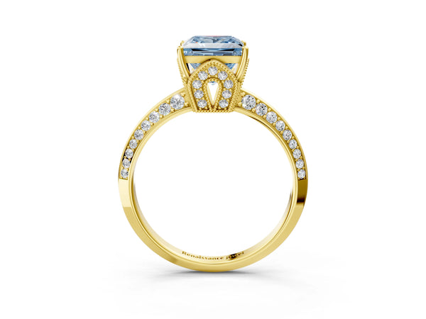 Yellow gold Fancy Blue Princess Cut Solitaire Split Shank Pave Diamond Engagement Ring with Four-Prong Setting