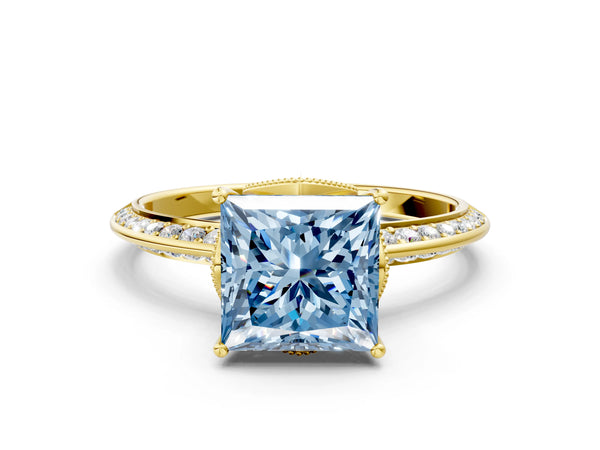 Yellow Gold Princess Cut Graduated Pave Engagement Ring Setting for Fancy Blue Center