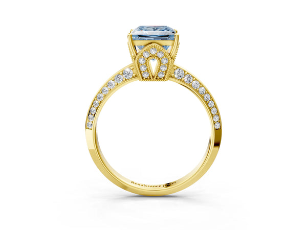 Yellow Gold Princess Cut Graduated Pave Engagement Ring Setting for Fancy Blue Center