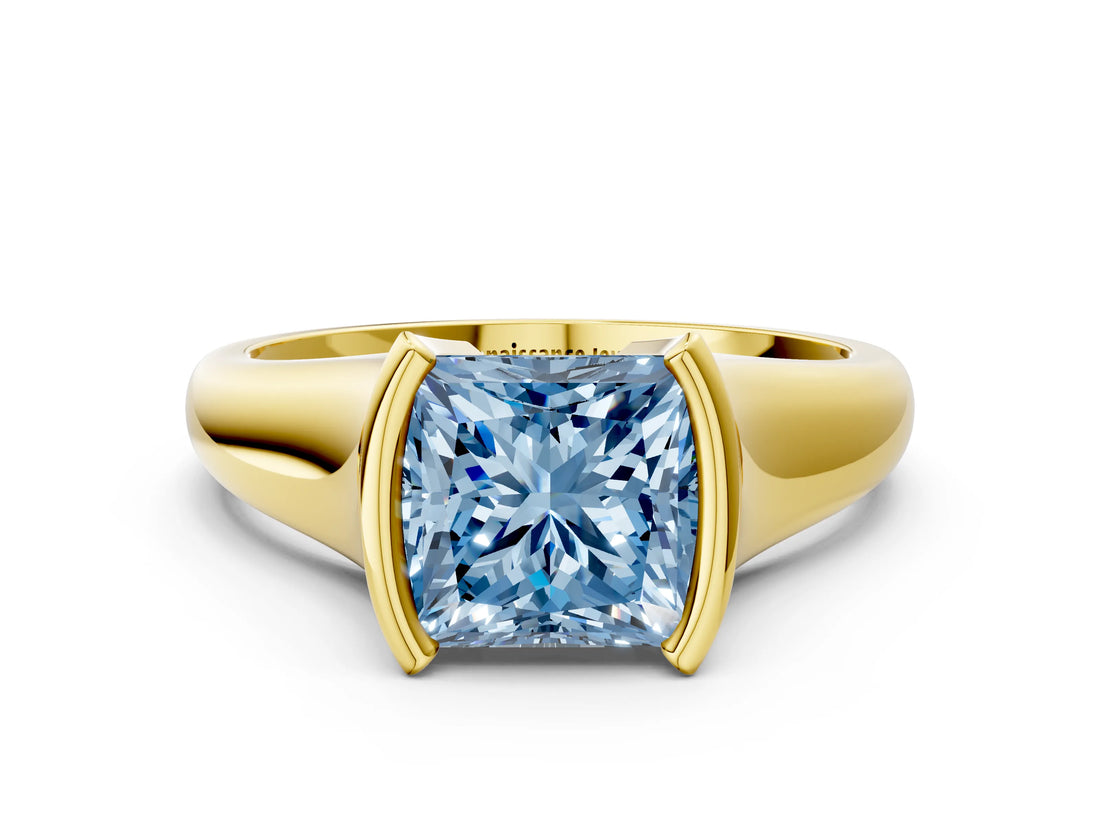Yellow gold Fancy Blue Princess Cut Solitaire Tension Set Diamond Ring with Split Shank Band
