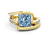 Yellow gold Fancy Blue Princess Cut Solitaire Tension-Set Diamond Split Shank Ring