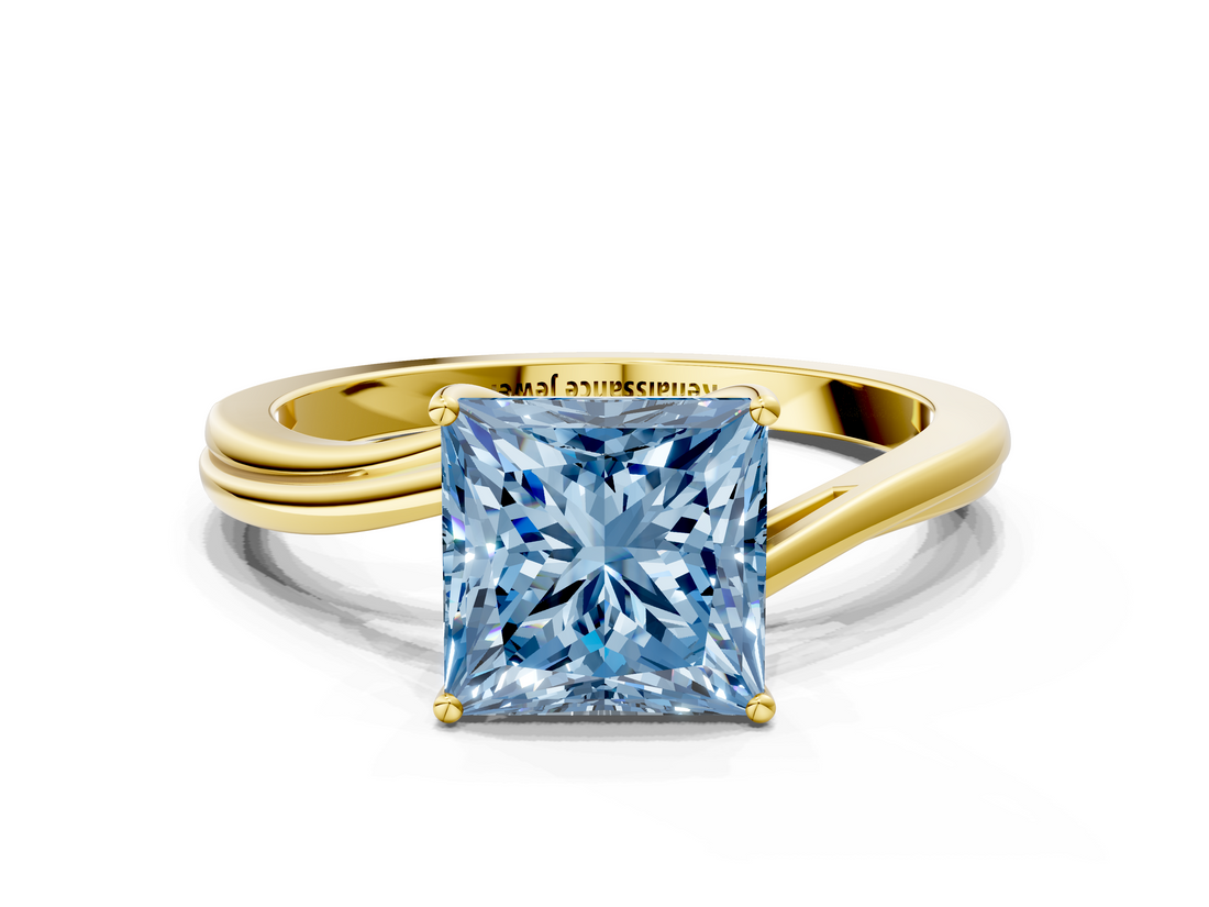 Yellow gold Fancy Blue Princess  Cut Solitaire Twist Band Ring with Four-Prong Setting_20