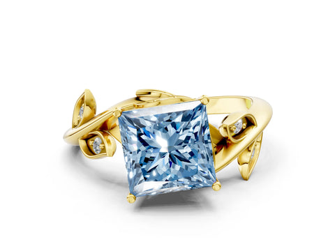 Yellow gold Fancy Blue Princess Cut Solitaire Twist Engagement Ring with Leaf Accents and Prong Setting_12