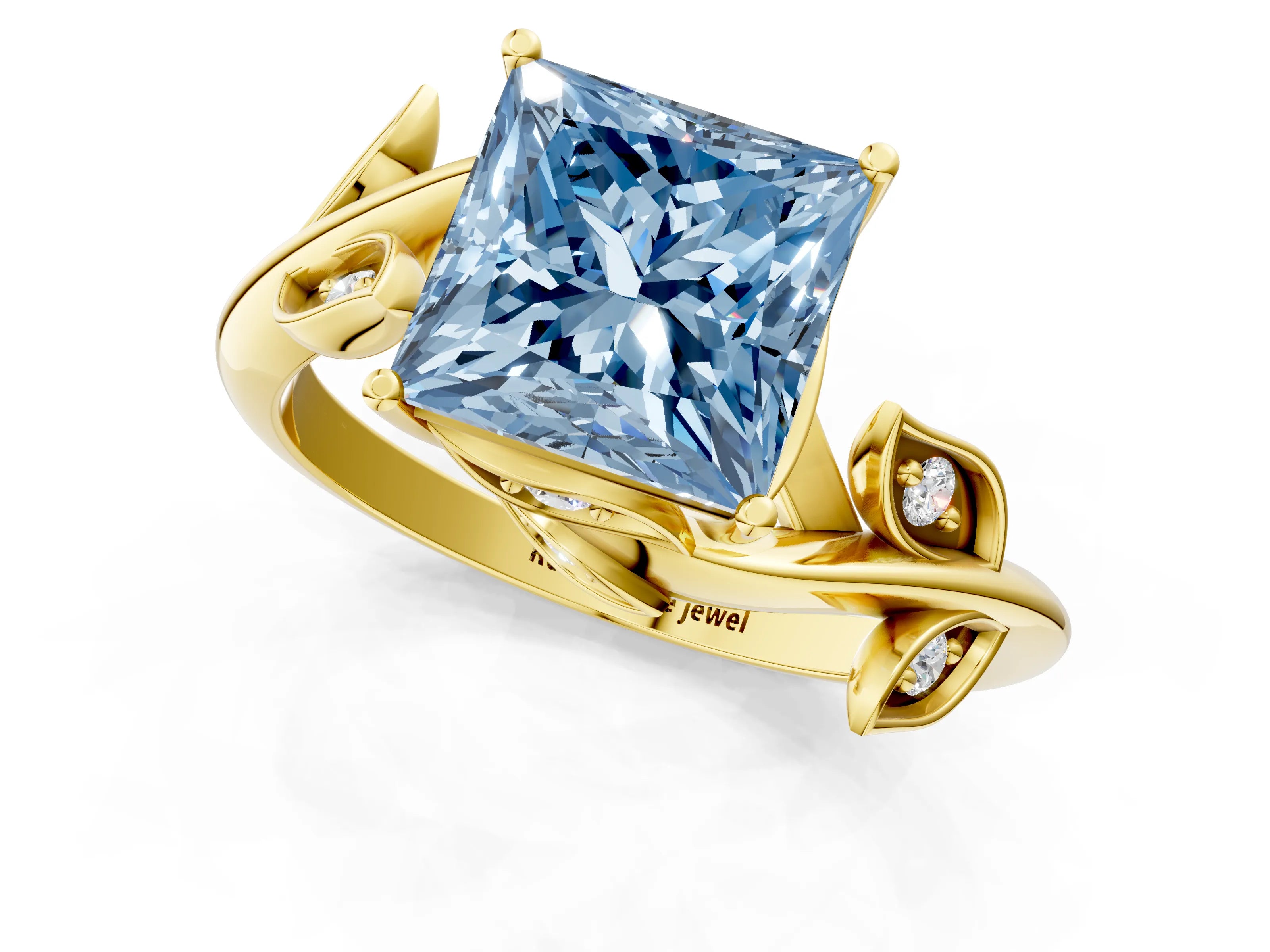 Yellow gold Fancy Blue Princess Cut Solitaire Twist Engagement Ring with Leaf Accents and Prong Setting_13