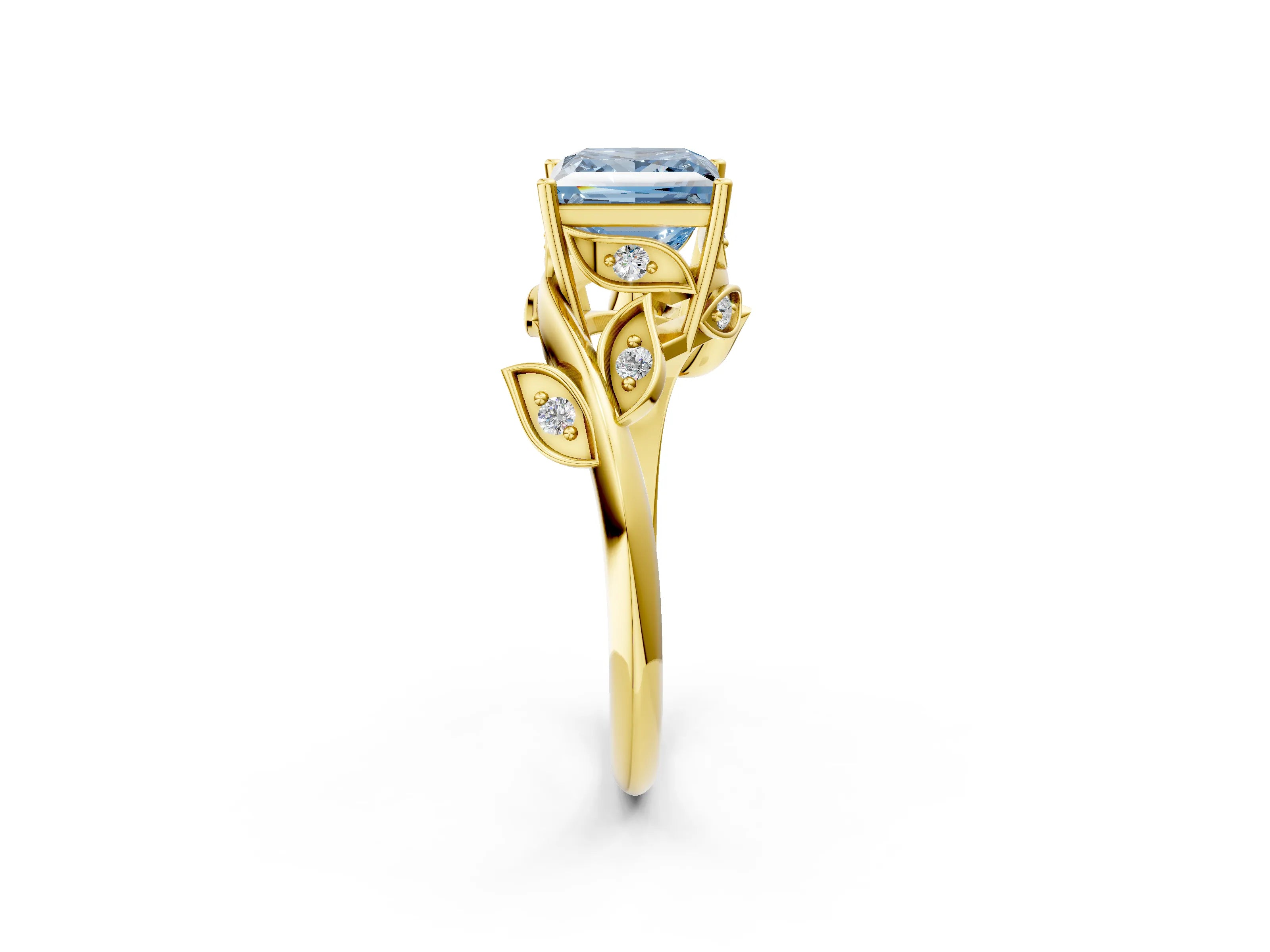 Yellow gold Fancy Blue Princess Cut Solitaire Twist Engagement Ring with Leaf Accents and Prong Setting_14