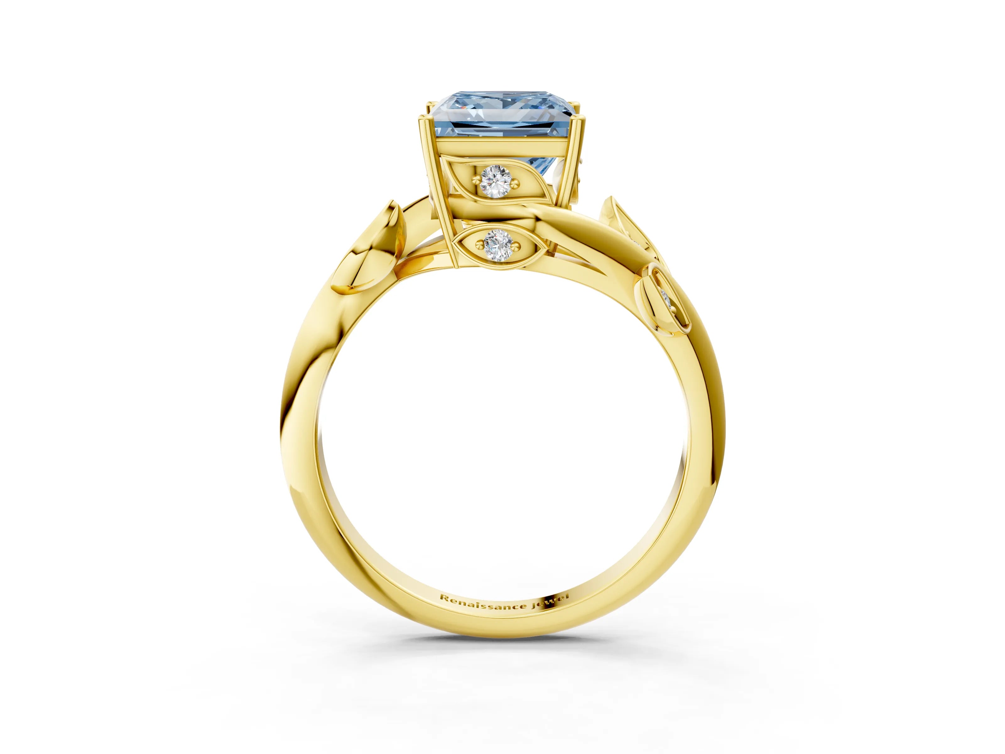 Yellow gold Fancy Blue Princess Cut Solitaire Twist Engagement Ring with Leaf Accents and Prong Setting_15