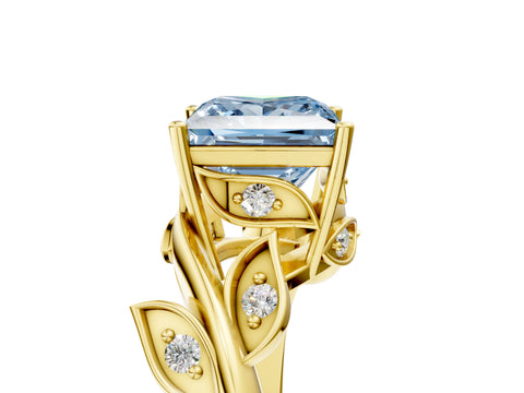 Yellow gold Fancy Blue Princess Cut Solitaire Twist Engagement Ring with Leaf Accents and Prong Setting_17