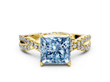 Yellow gold Fancy Blue Princess Cut Solitaire Twist Pave Diamond Engagement Ring with Prong Setting