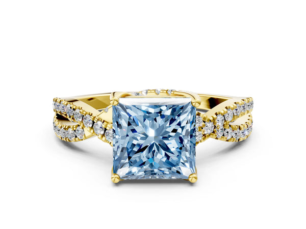 Yellow gold Fancy Blue Princess Cut Solitaire Twist Pave Diamond Engagement Ring with Prong Setting