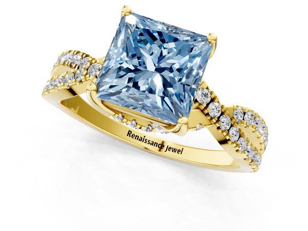 Yellow gold Fancy Blue Princess Cut Solitaire Twist Pave Diamond Engagement Ring with Prong Setting