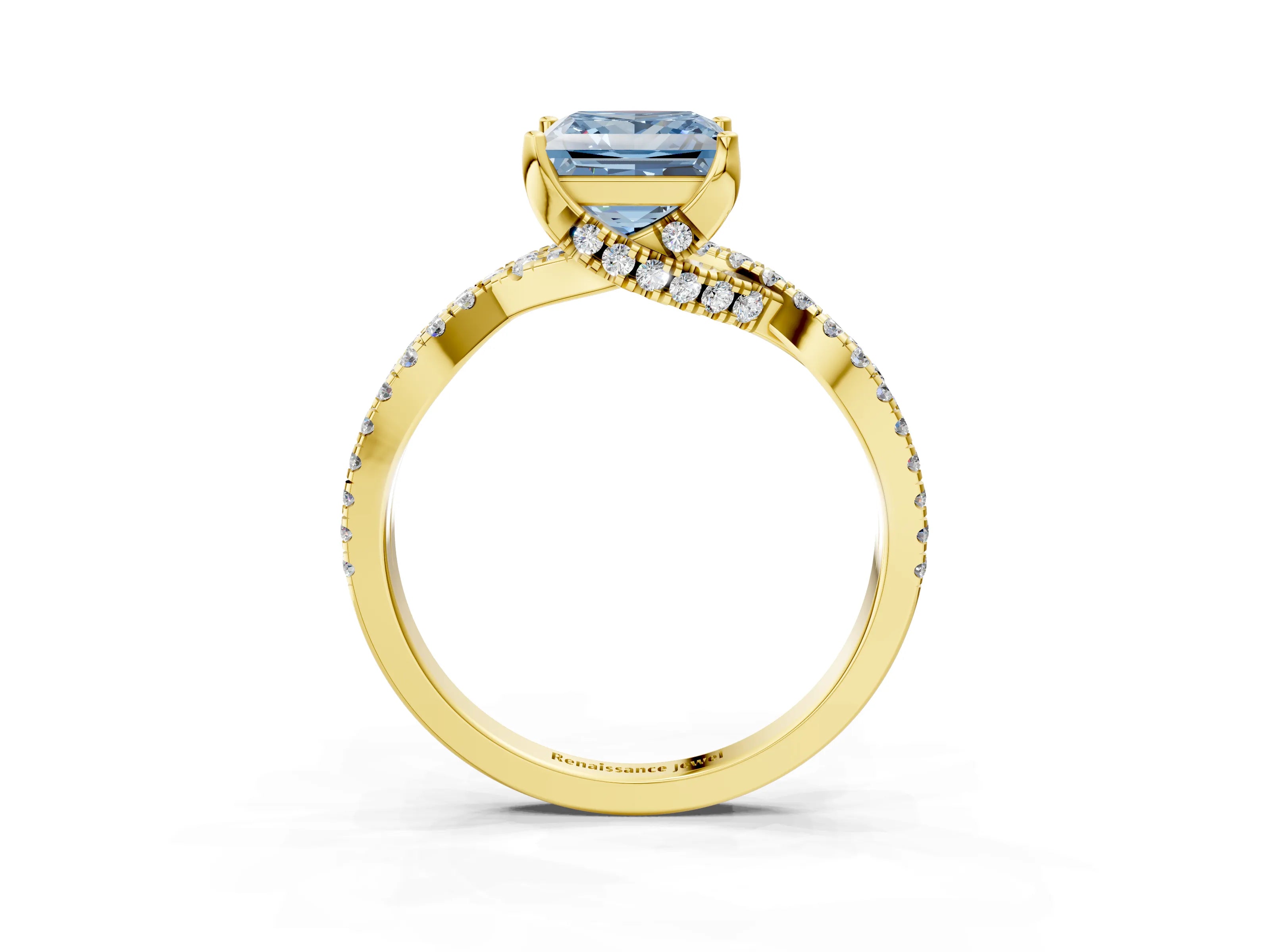 Yellow gold Fancy Blue Princess Cut Solitaire Twist Pave Diamond Engagement Ring with Prong Setting_27