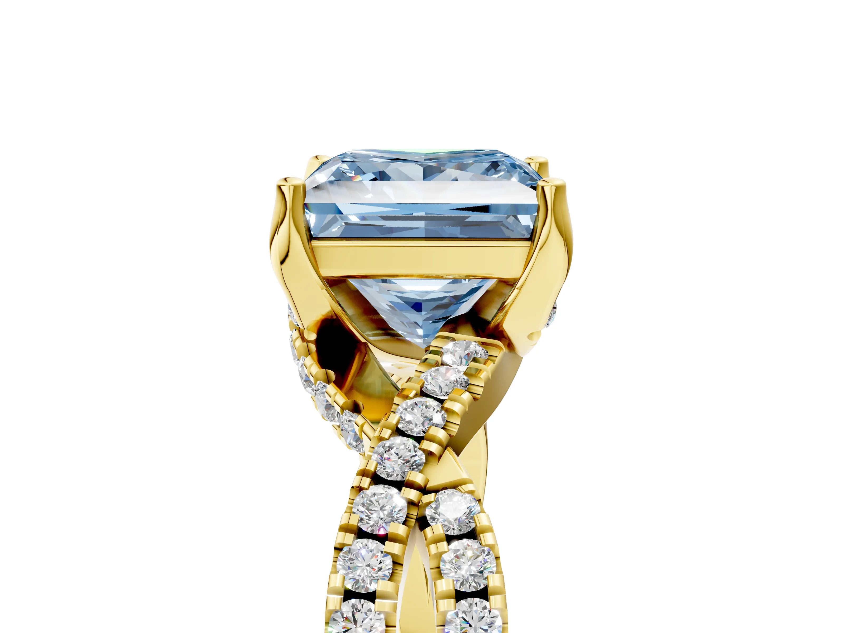 Yellow gold Fancy Blue Princess Cut Solitaire Twist Pave Diamond Engagement Ring with Prong Setting_29