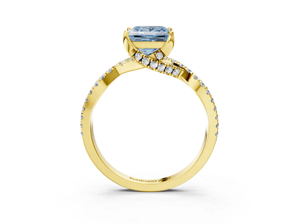 Yellow gold Fancy Blue Princess Cut Solitaire Twist Pave Diamond Engagement Ring with Prong Setting