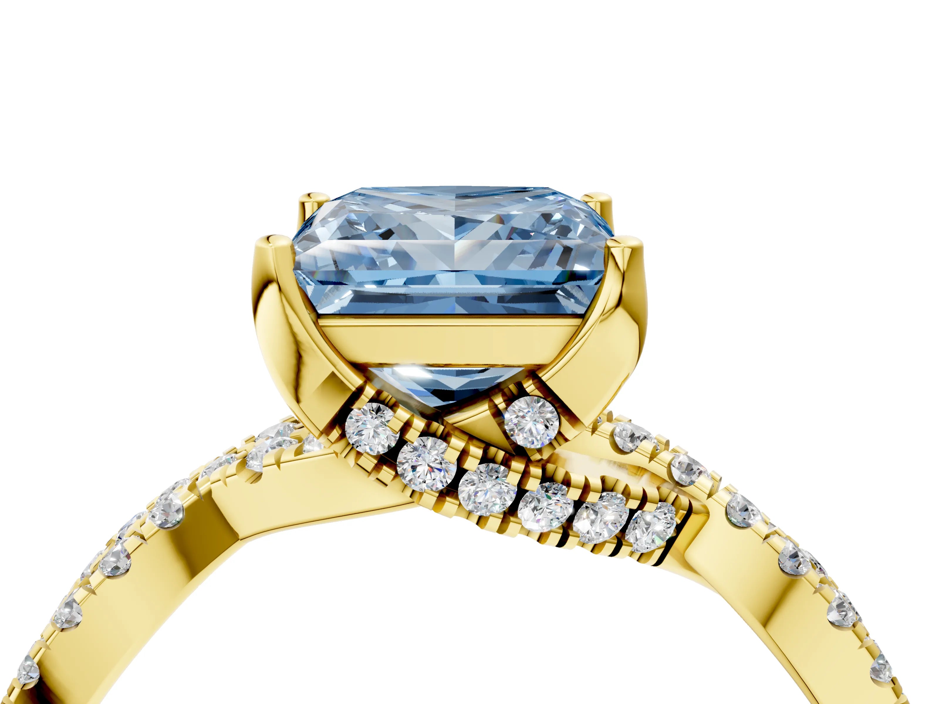 Yellow gold Fancy Blue Princess Cut Solitaire Twist Pave Diamond Engagement Ring with Prong Setting_4