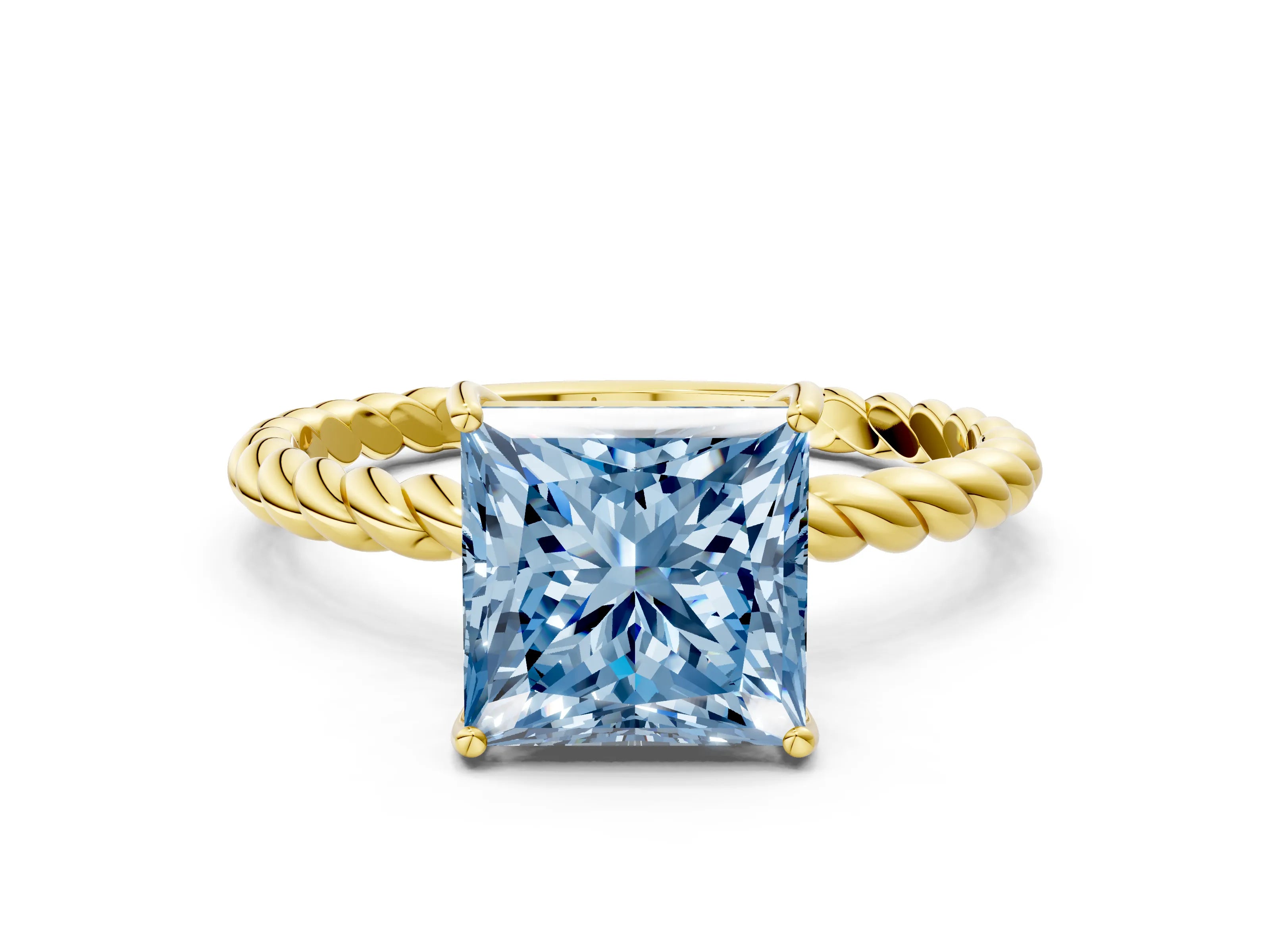 Yellow gold Fancy Blue Princess Cut Solitaire Twisted Band 4-Prong Ring
