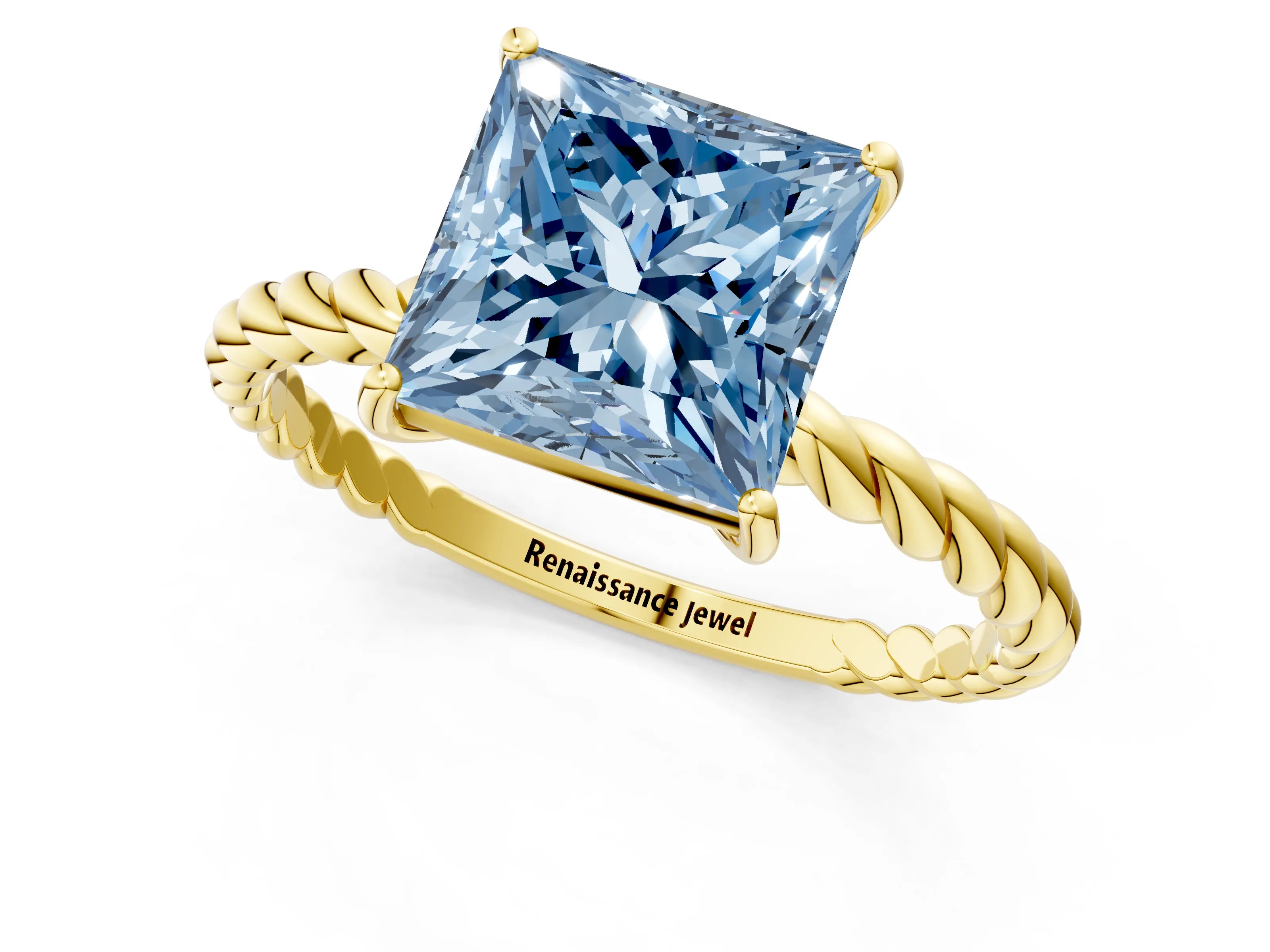 Yellow gold Fancy Blue Princess Cut Solitaire Twisted Band 4-Prong Ring_1