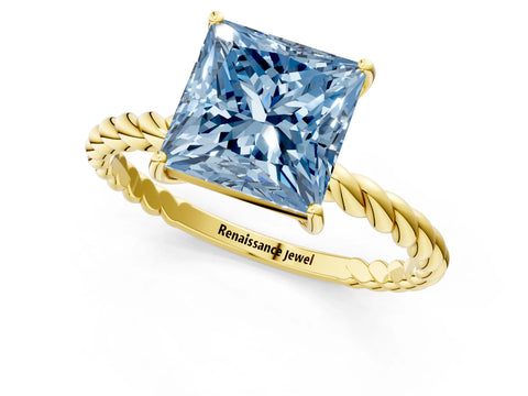 Yellow gold Fancy Blue Princess Cut Solitaire Twisted Band 4-Prong Ring_1