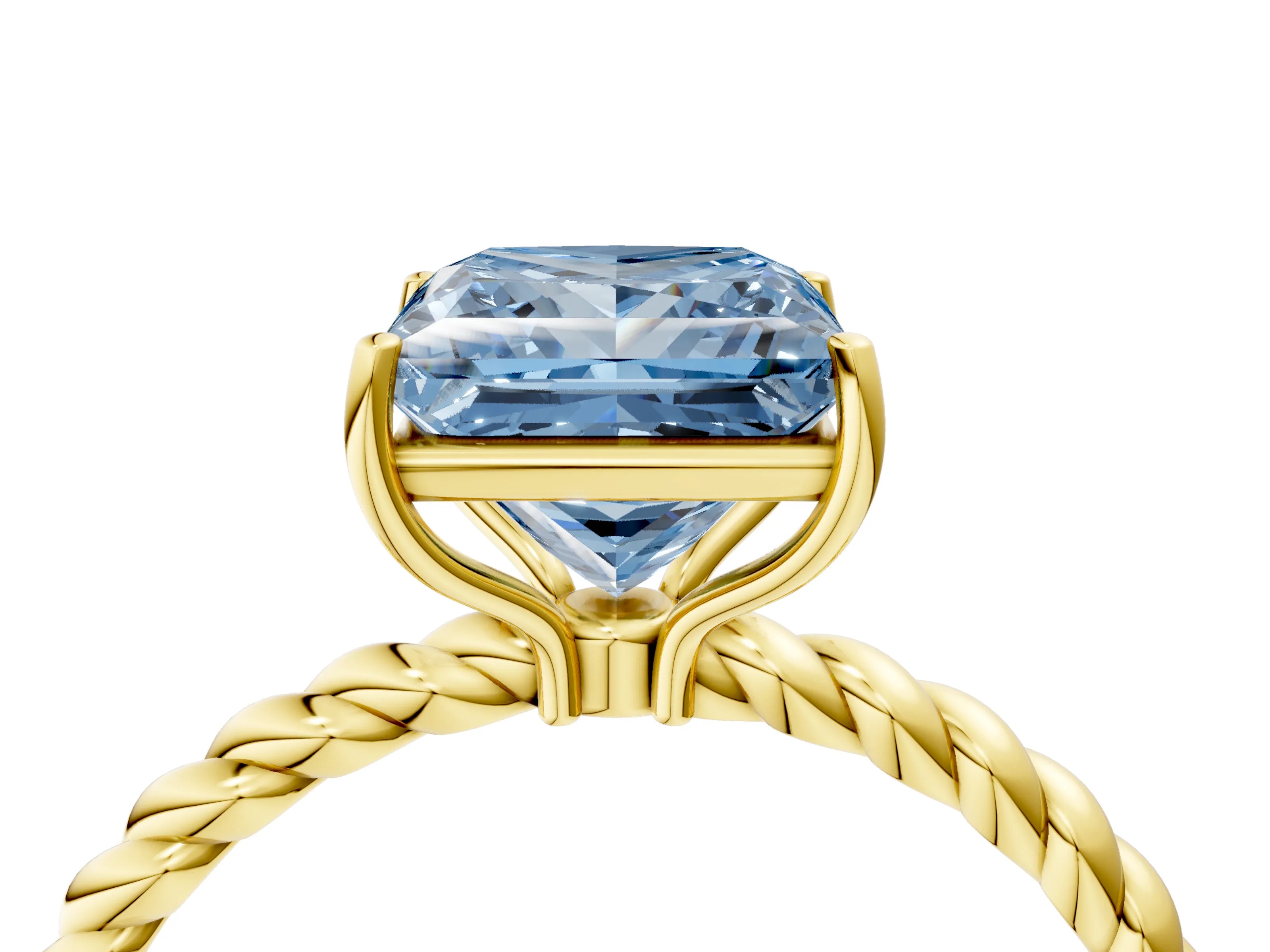 Yellow gold Fancy Blue Princess Cut Solitaire Twisted Band 4-Prong Ring_4