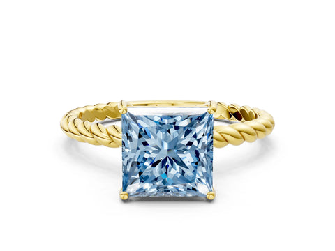 Yellow gold Fancy Blue Princess Cut Solitaire Twisted Band 4-Prong Ring