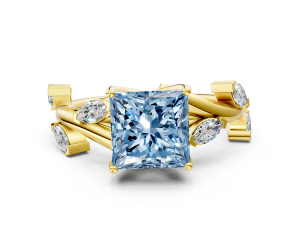 Yellow gold Fancy Blue Princess Cut Solitaire Twisted Band Marquise Accent Prong Setting Ring