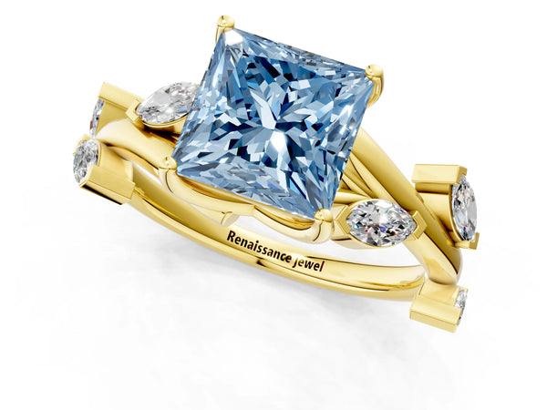 Yellow gold Fancy Blue Princess Cut Solitaire Twisted Band Marquise Accent Prong Setting Ring