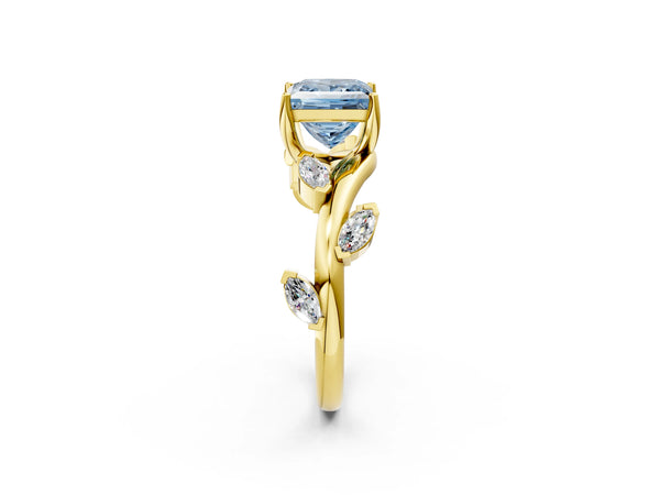 Yellow gold Fancy Blue Princess Cut Solitaire Twisted Band Marquise Accent Prong Setting Ring