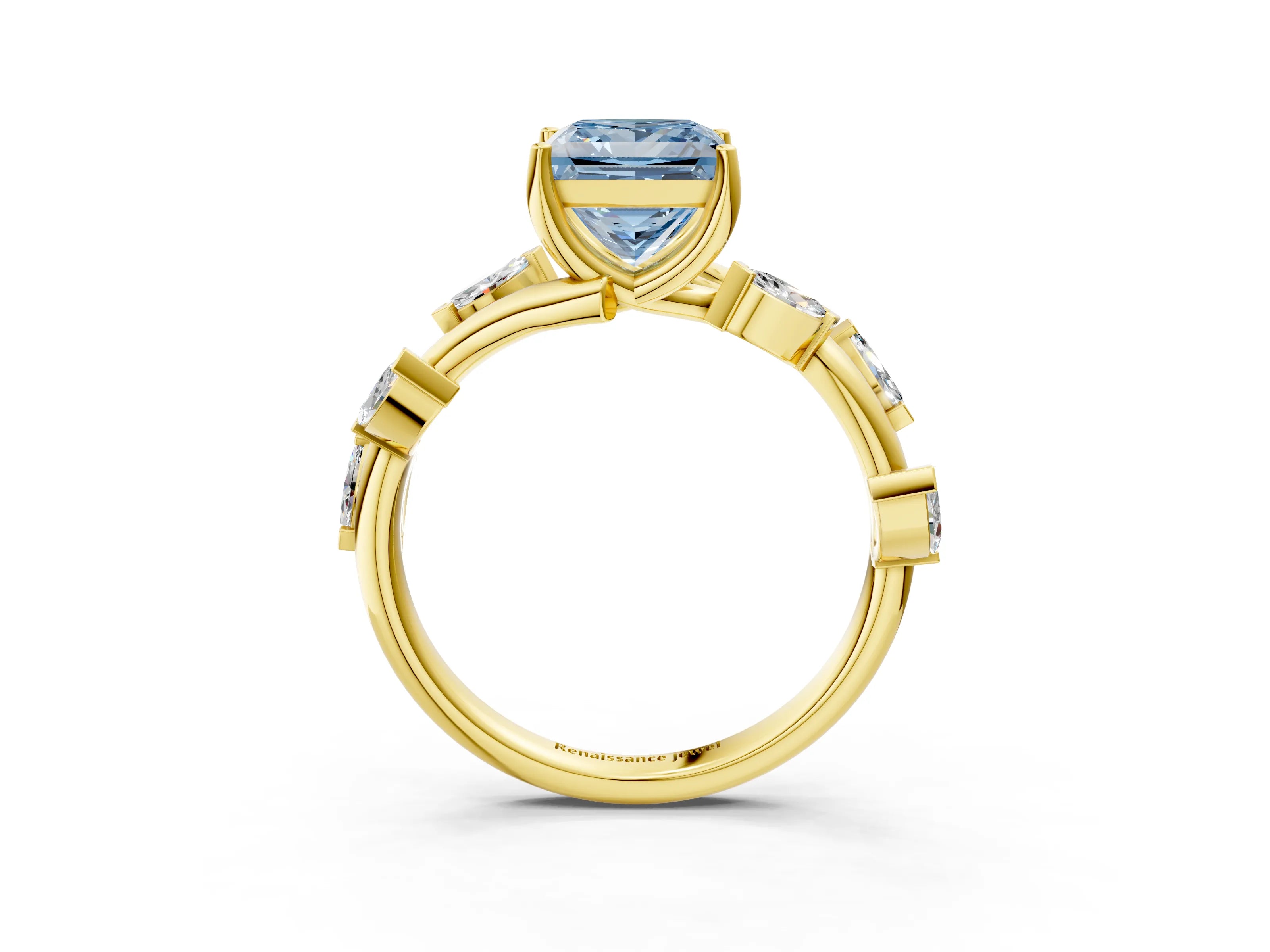 Yellow gold Fancy Blue Princess Cut Solitaire Twisted Band Marquise Accent Prong Setting Ring_3