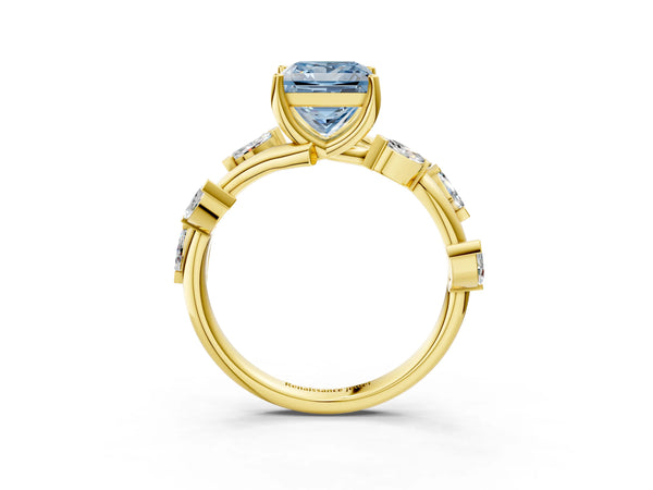 Yellow gold Fancy Blue Princess Cut Solitaire Twisted Band Marquise Accent Prong Setting Ring