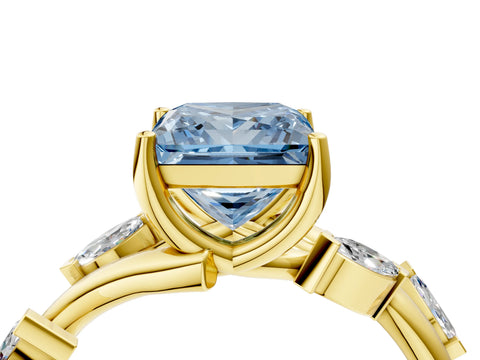 Yellow gold Fancy Blue Princess Cut Solitaire Twisted Band Marquise Accent Prong Setting Ring_4