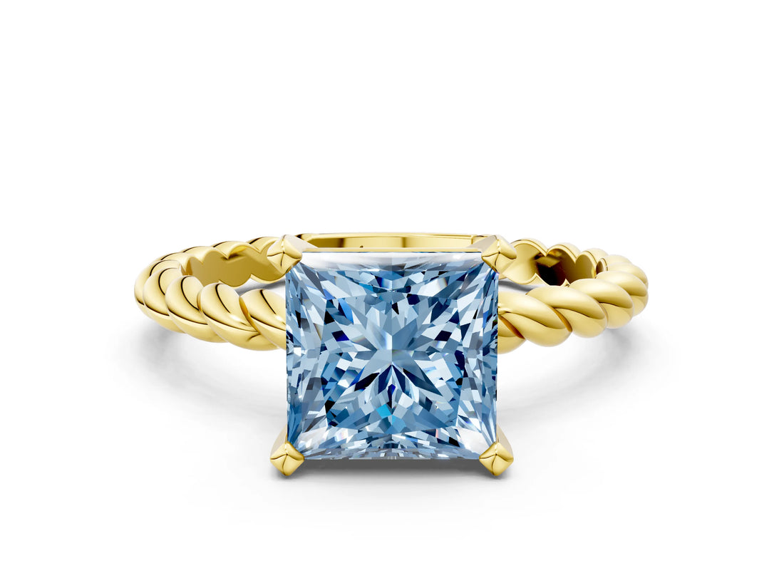 Yellow gold Fancy Blue Princess  Cut Solitaire Twisted Band with Four-Prong Setting_88